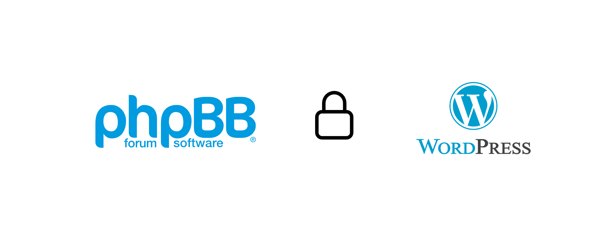 PHPBB and Wordpress logo with a lock in the middle