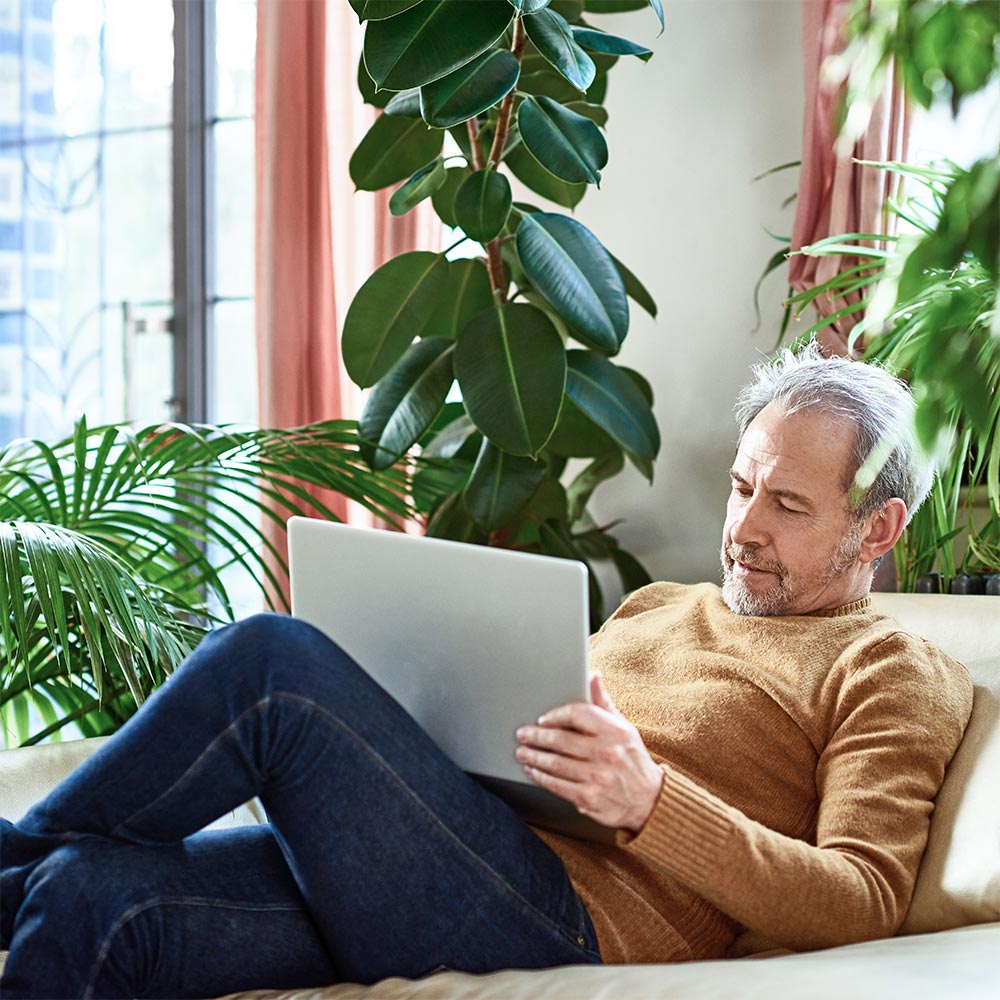 Mann in Pullover sitzt auf dem Sofa vor Zimmerpflanzen und liest auf seinem Laptop. Viele Menschen haben Bedenken, dass der neue Mobilfunkstandard gesundheitliche Risiken birgt. Wir klären auf und zeigen beruhigende wissenschaftliche Erkenntnisse.