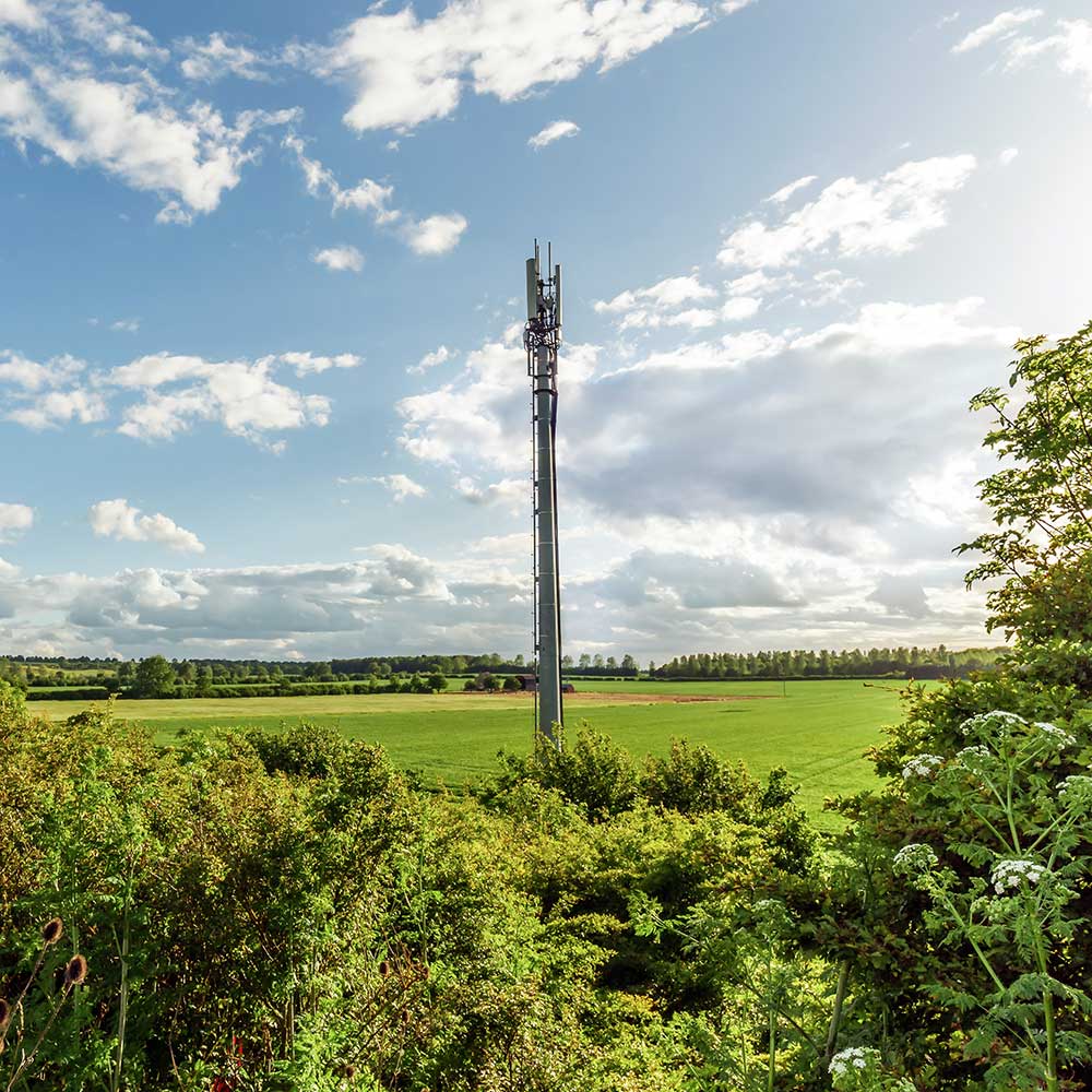 Transmission tower rises into the sky in front of a green landscape with trees. Existing transmission towers are being retrofitted and some new sites are being built. 