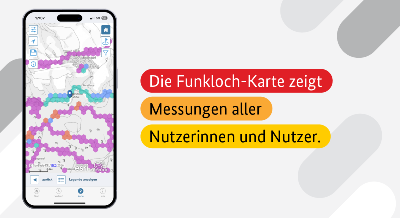 Die Funkloch-Karte der Funkloch-App wird hier dargestellt. Ein Textfeld beschreibt, dass dies die Messungen aller Nutzerinnen und Nutzern ist. 