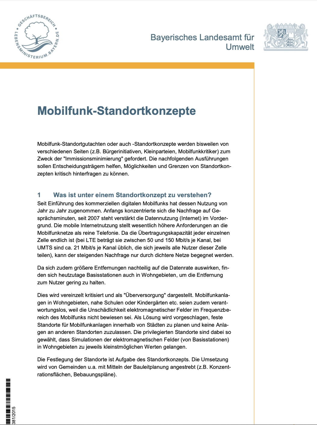 Dieses Dokument des Bayerischen Landesamts für Umwelt informiert zu den Mobilfunk-Standortkonzepten.