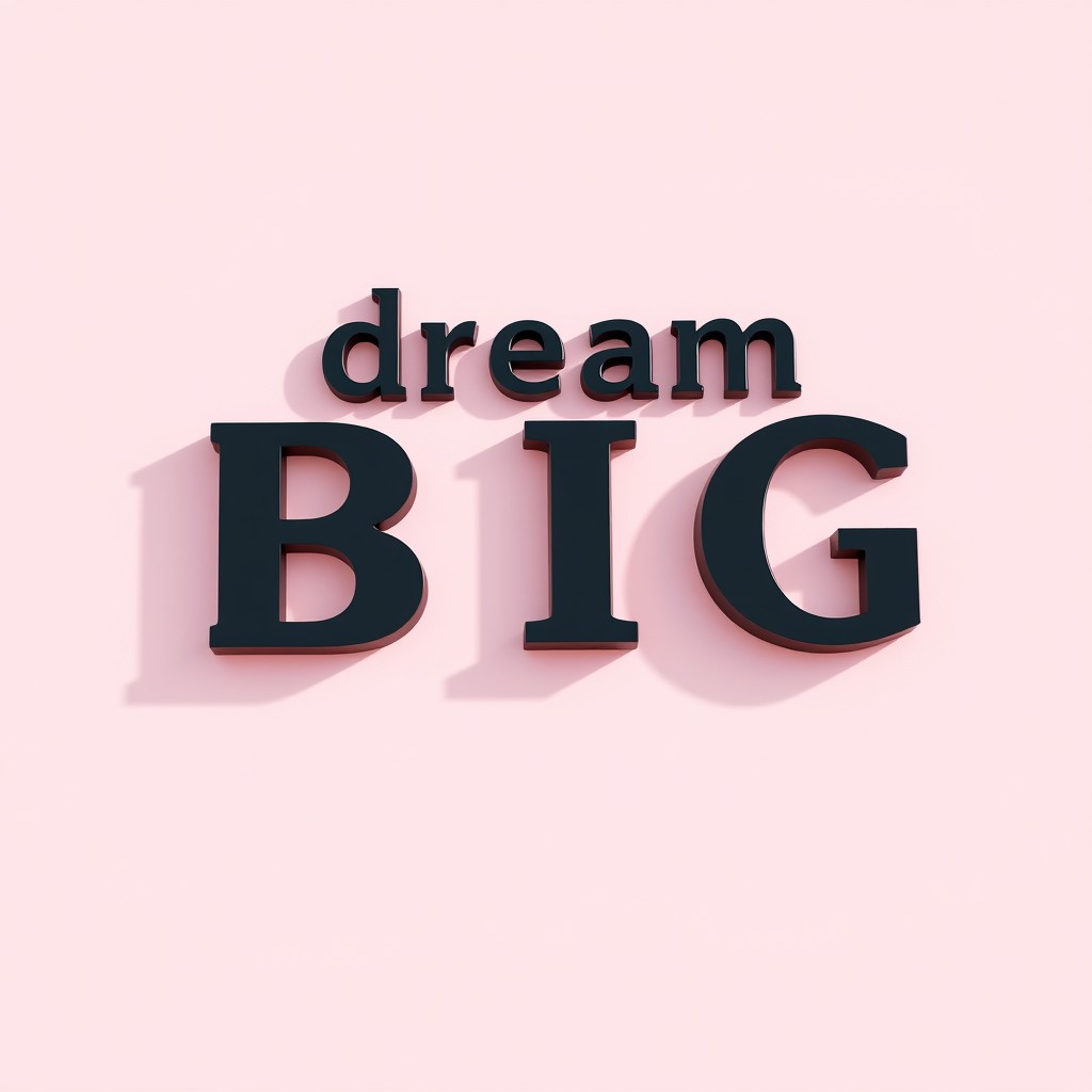 "'dream BIG' in black, 3D block letters casting long shadows on a pastel pink background"