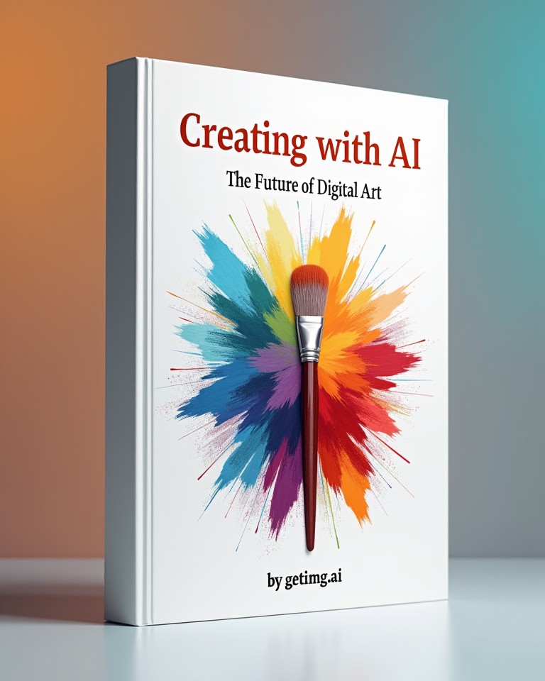 "book mockup on colorful background. "Creating with AI" in bold lettering at the top. "The Future of Digital Art" below the title. "by getimg.ai" at the bottom. Abstract blend of colorful brush strokes and shapes in the center, a paintbrush in the middle"