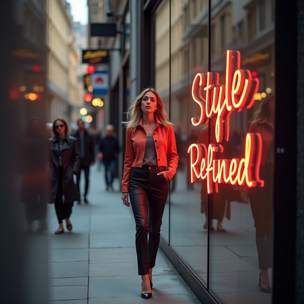 "Fashion ad with a model walking down a city street. Reflections in the windows around her subtly spell out 'Style Refined' in a neon font, blending into the glass"