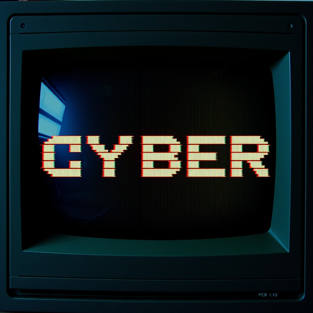 "CRT screen with 'CYBER' in glitchy, distorted digital-style letters"