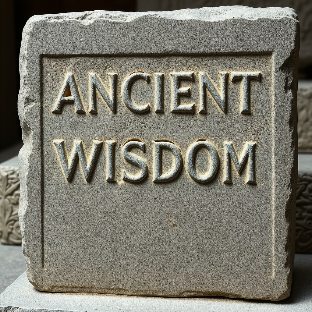 "stone tablet with 'ANCIENT WISDOM' appearing as deeply carved text"