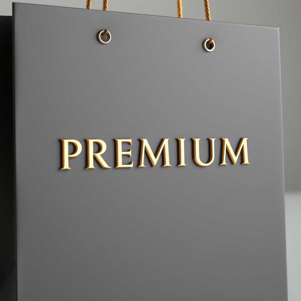 "luxury shopping bag with 'PREMIUM' in tiny, elegant 3d gold metallic letters with a reflective surface"