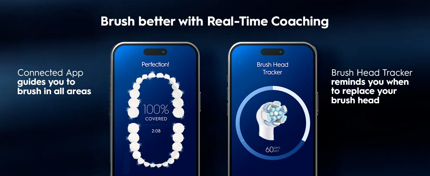 Smart toothbrush app screens showing brushing guidance and brush head replacement tracking 