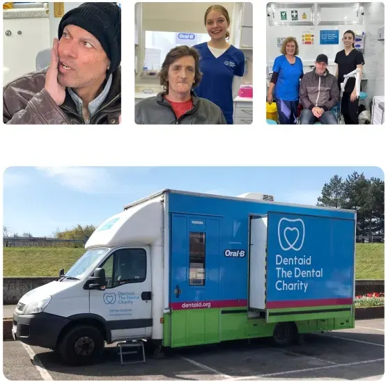  Dental professionals providing care and smiling beside patients and Oral-B + Dentaid mobile dental clinic providing care services