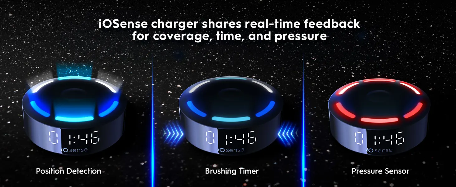 iOSense charger displaying feedback features: position detection, brushing timer and pressure sensor 