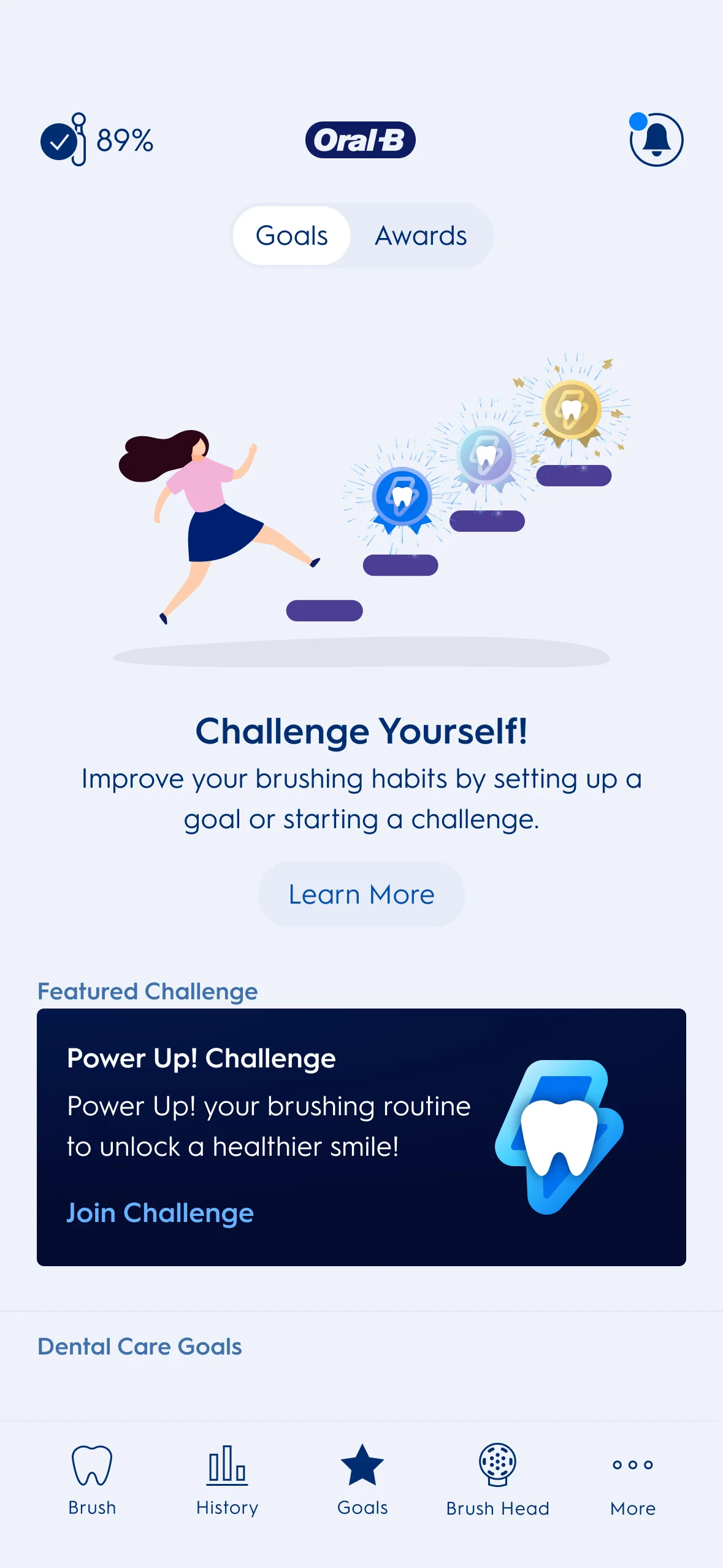 Oral-B App: Goals, challenges and rewards screen