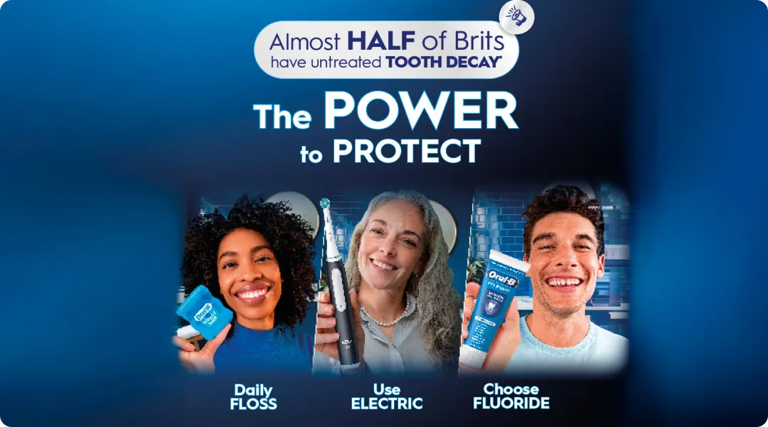 Three people demonstrating healthy oral habits by holding Oral-B dental floss, an Oral-B iO electric toothbrush, and Oral-B toothpaste.