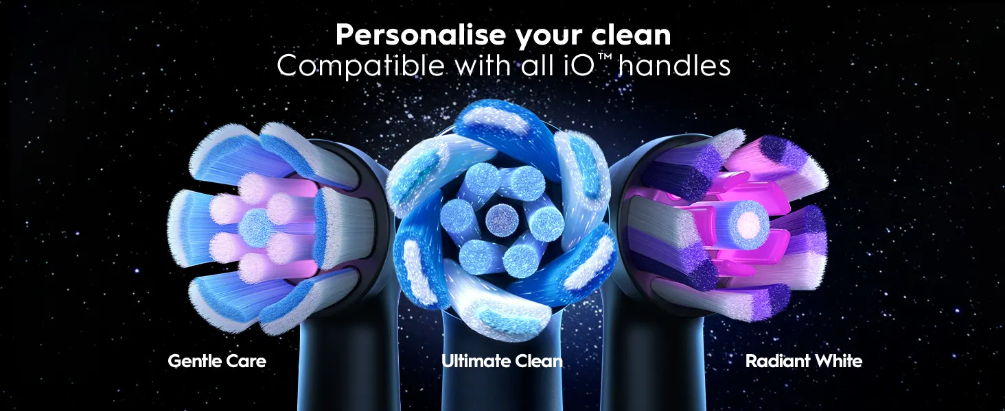 Three iO™-compatible toothbrush heads: Gentle Care, Ultimate Clean and Radiant White. 