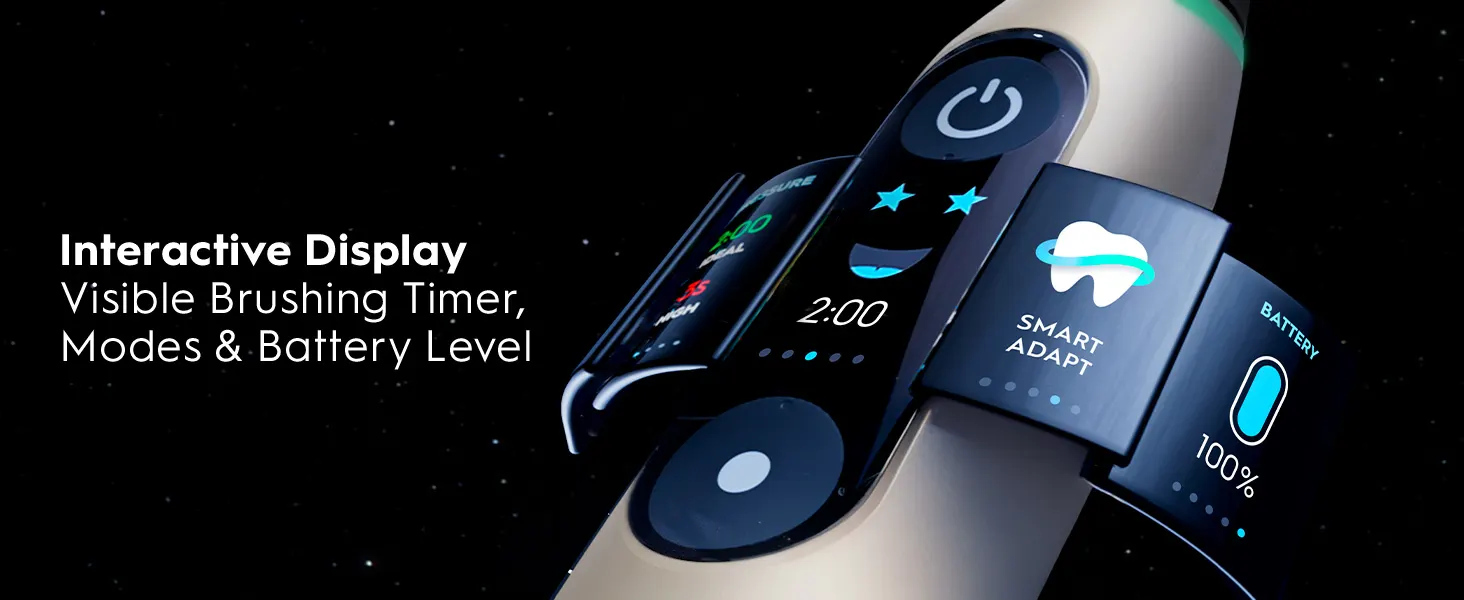 Electric toothbrush with digital display showing timer, brushing modes and battery level 