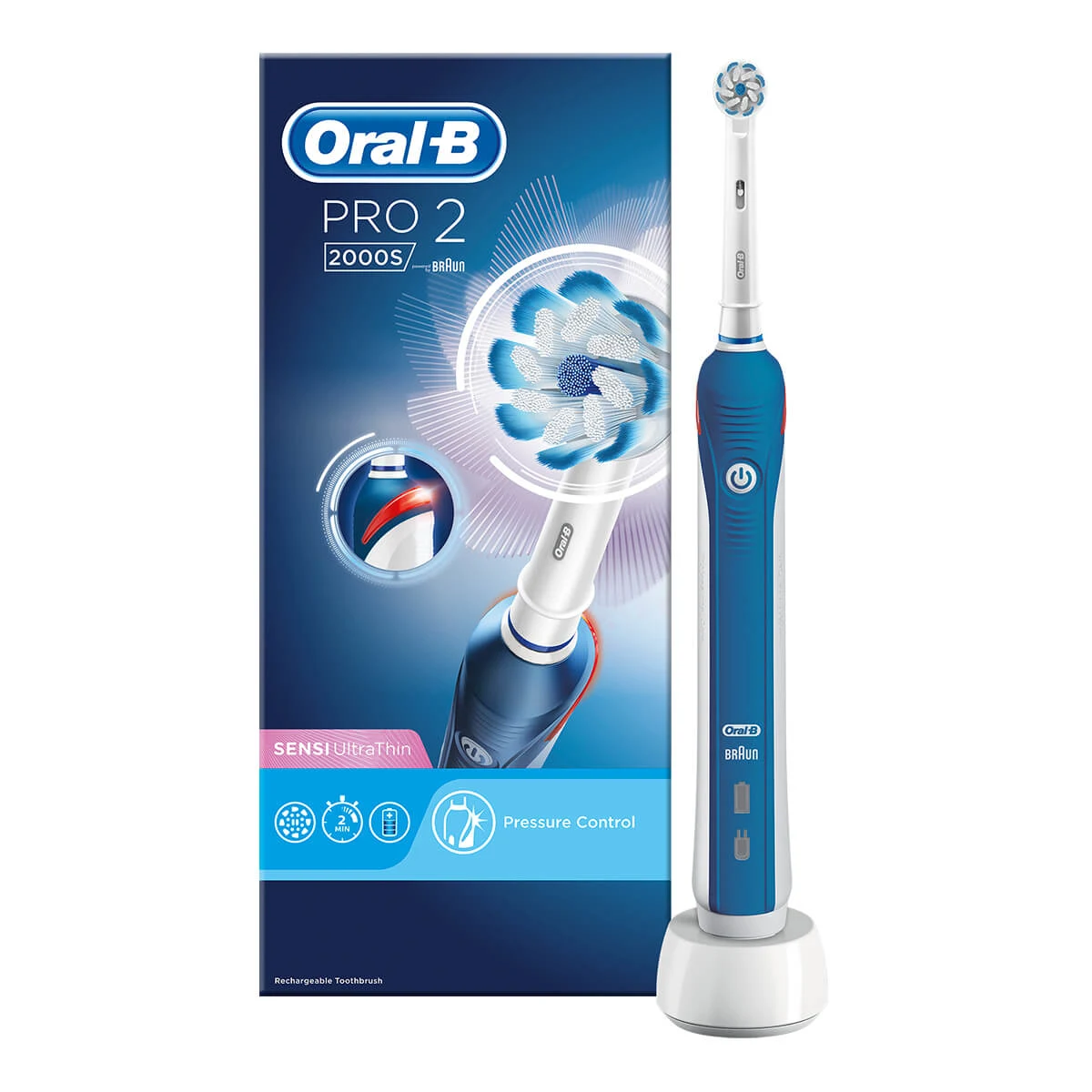 Oral-B Pro 2 2000S Sensi Ultrathin Electric Toothbrush Rechargeable Powered By Braun, UK 2 Pin Plug