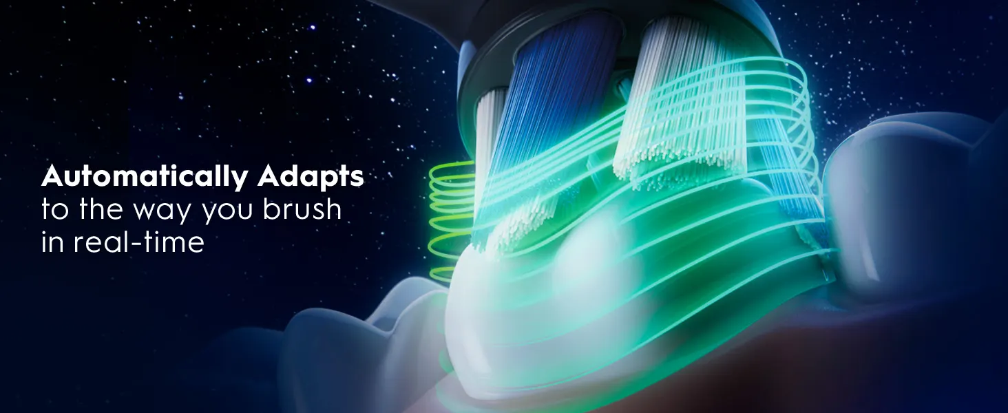 Electric toothbrush with green light patterns showing real-time adaptive brushing technology 