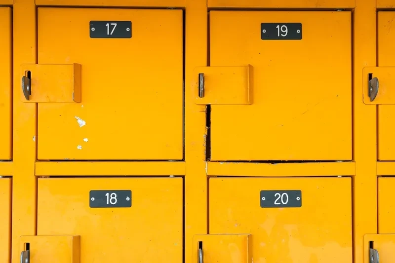 Yellow lockers in a locker room