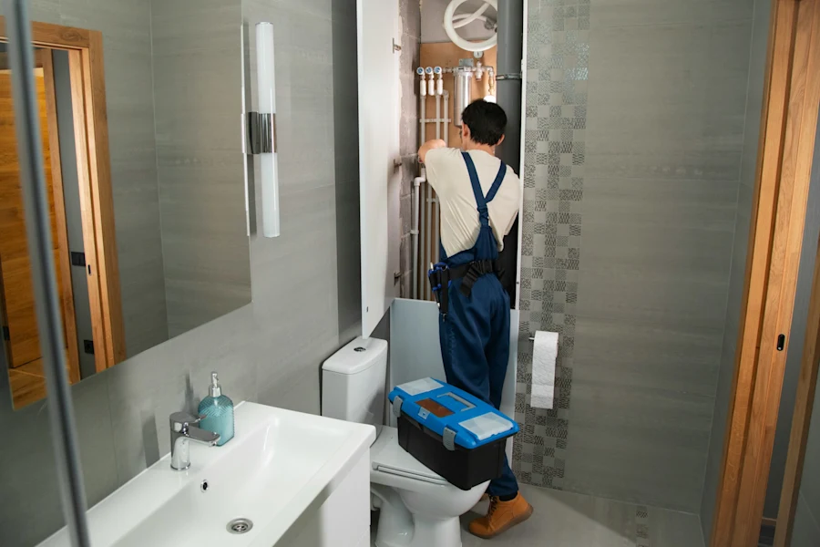 A plumber fixing pipes in a bathroom