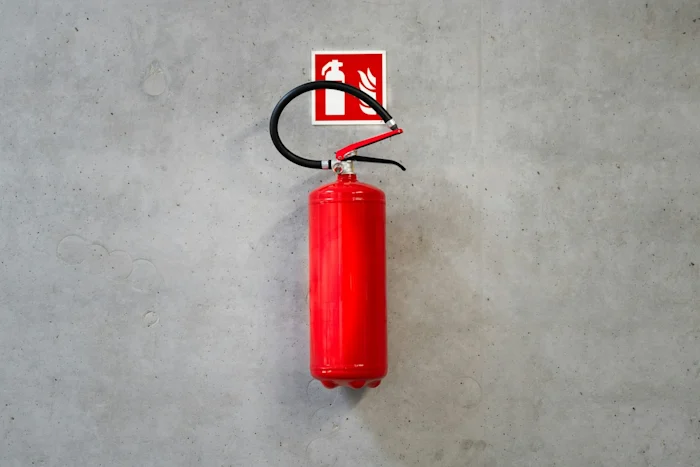 A fire extinguisher on a concrete wall