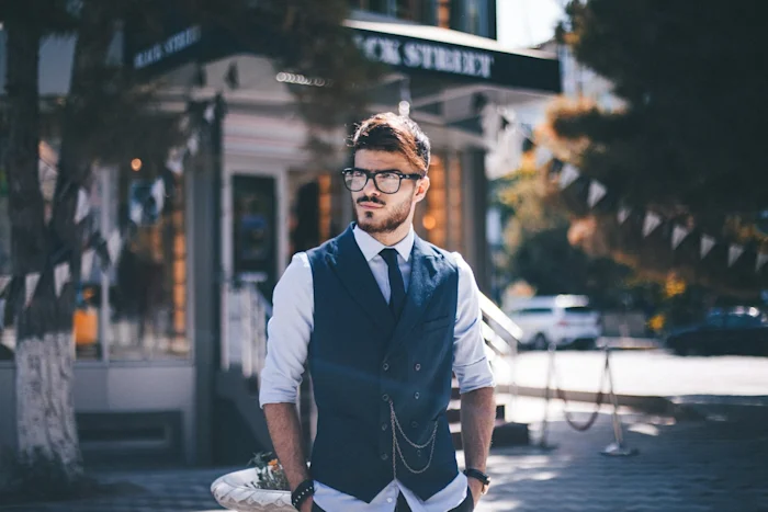 A man wearing glasses, a vest and a tie
