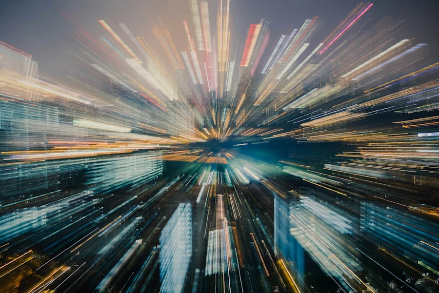 Flying over the city at high speed