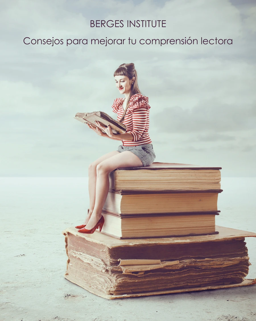 Una mujer leyendo un libro sentada sobre una pila de libros