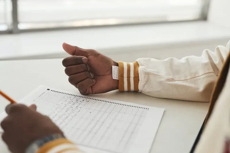 A man using a cheat sheet during an exam