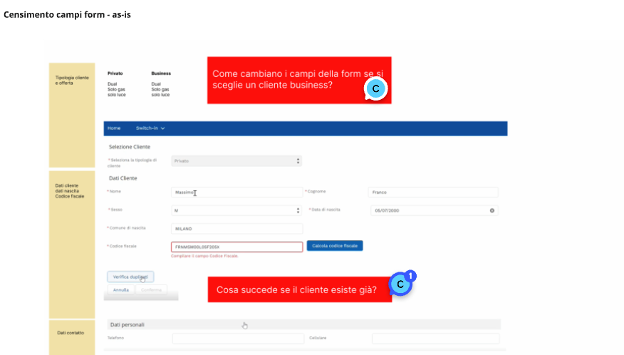 screenshot dei campi form dell'app ENGIE Stellar con commenti per migliorare e ottimizzare il processo