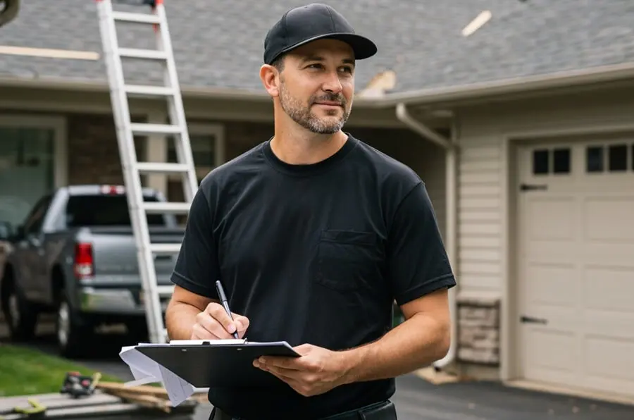 A hand holds a window warranty checklist on a clipboard with boxes checked. In the background, there’s a toy house on stacked blocks, a paint can, and a screwdriver, suggesting home renovation or real estate tasks.