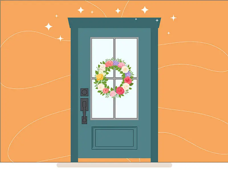 An illustration of a front entry door with a beautiful wreath on it.