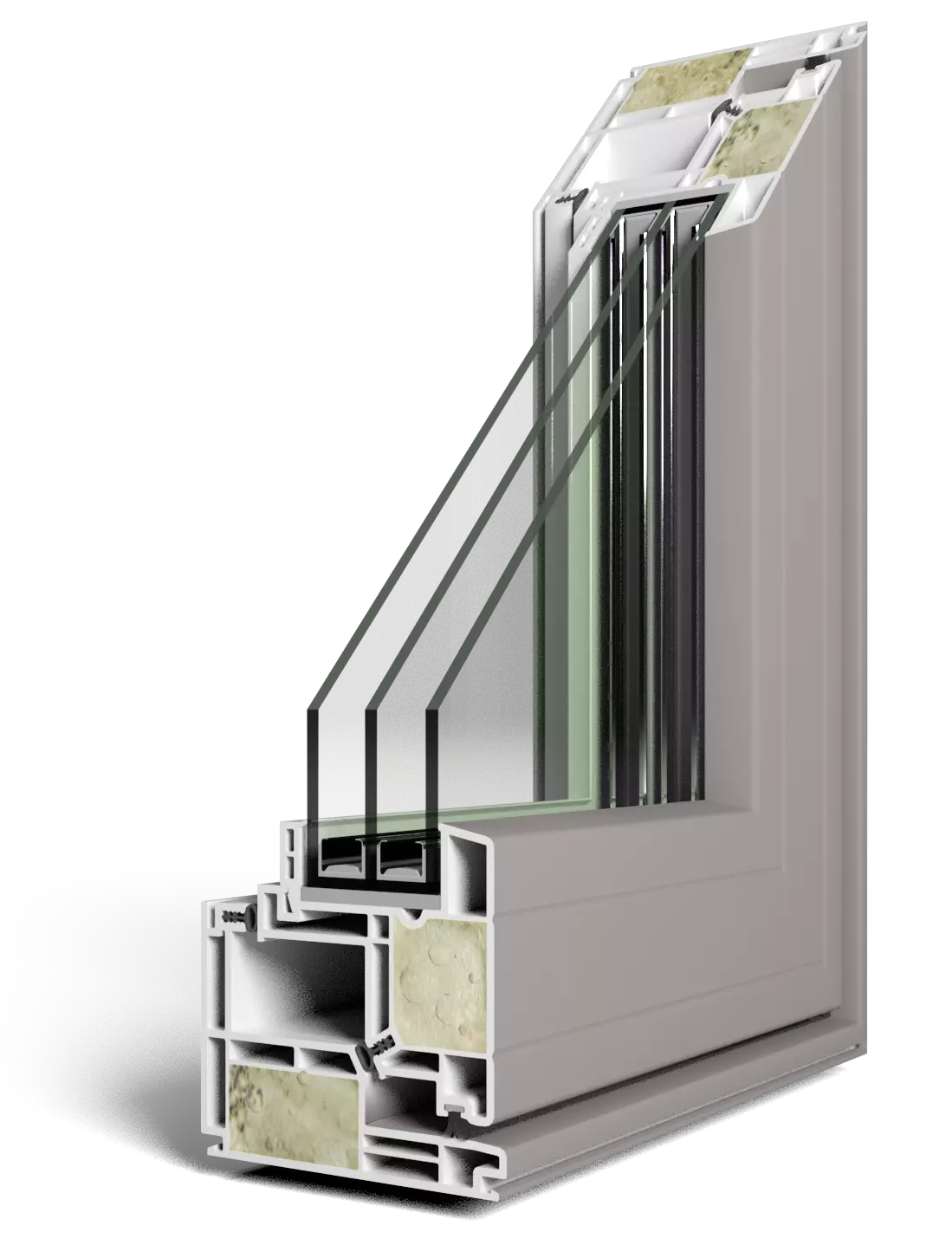 Cutaway image of triple pane microcellular PVC window