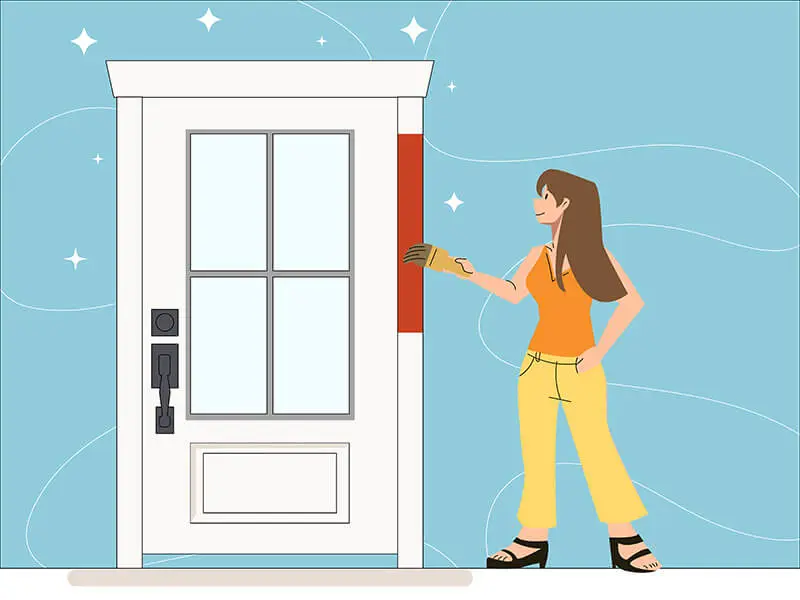 An illustration of a woman painting the trim on an entry door.