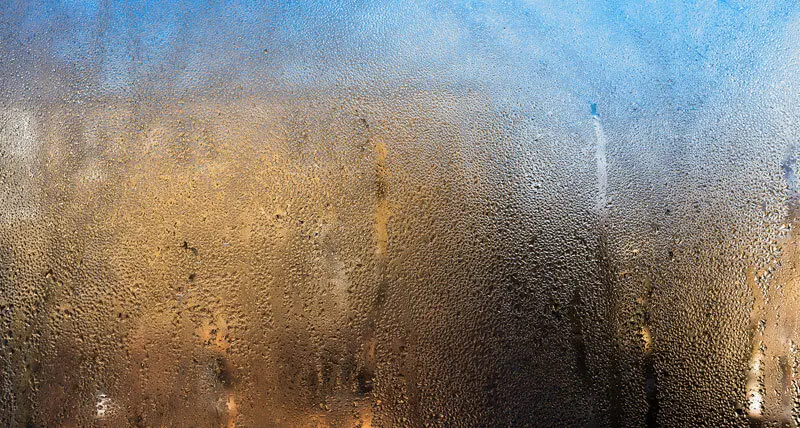 Close-up of a window with condensation forming on the glass.