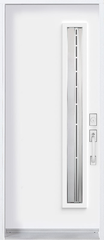 Modern white door with sleek, rectangular glass insert that spans the entire door's height