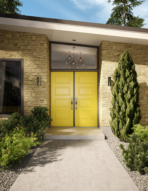 Yellow, double front doors on a modern home
