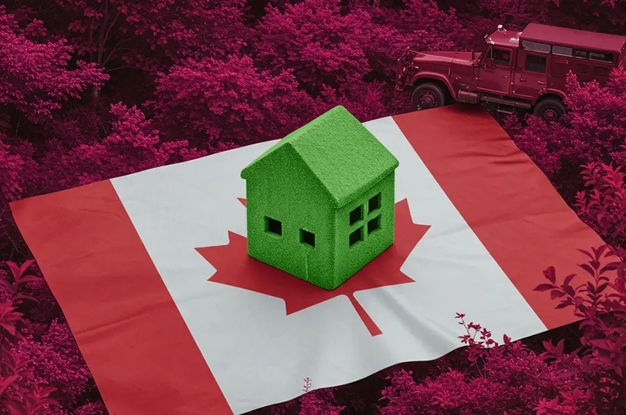 A small green house model sits in front of a blurred Canadian flag in the background, symbolizing energy-efficient living supported by the Canada Greener Homes Loan.