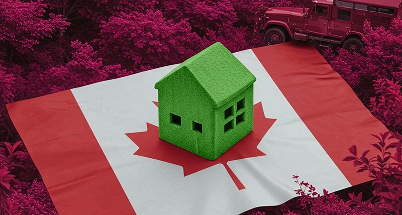 A small green house model sits in front of a blurred Canadian flag in the background, symbolizing energy-efficient living supported by the Canada Greener Homes Loan.