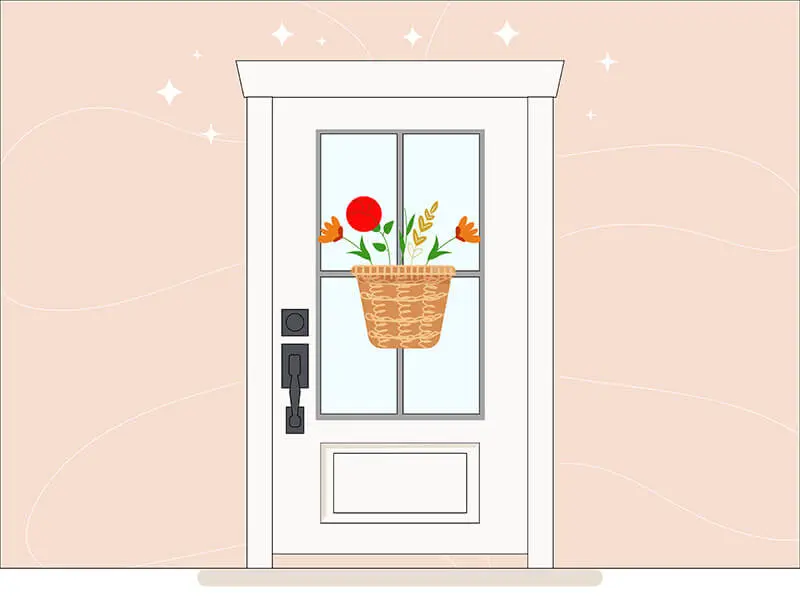 An illustration of a door with a flower basket in the middle of the door's front window.