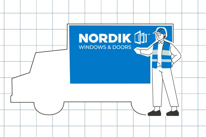 Illustration of a worker in a hard hat and vest pointing to a vehicle labeled "Nordik Windows and Doors" over a grid background.