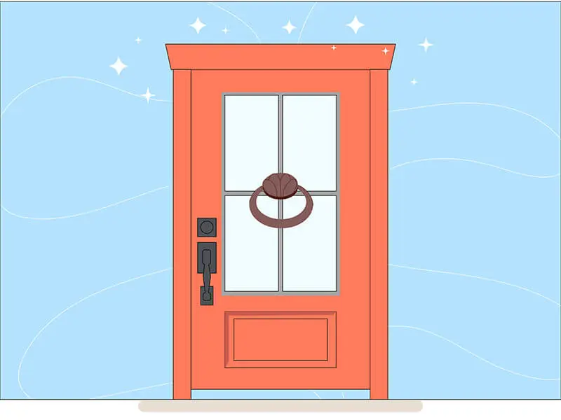 An illustration of a front door with a door knocker on it.