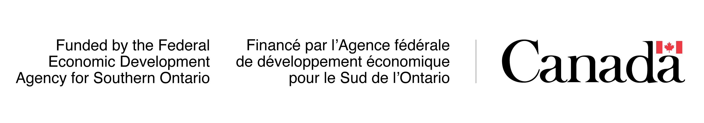 Black text in English and French reads, “Funded by the Federal Economic Development Agency for Southern Ontario” beside the Canada wordmark and a small Canadian flag.