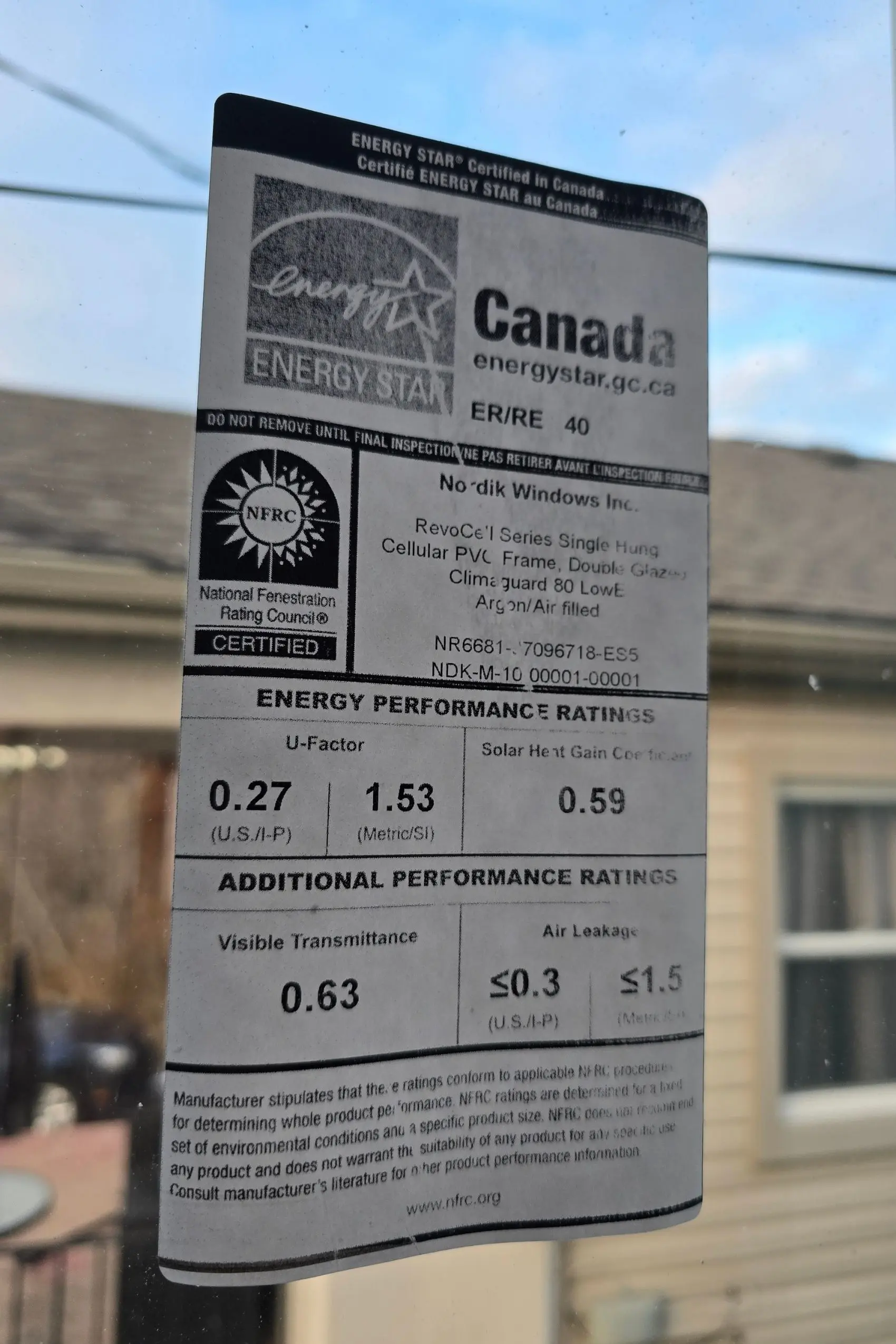 Nordik Windows and Doors ENERGY STAR® sticker with Energy Rating on Installed Window.