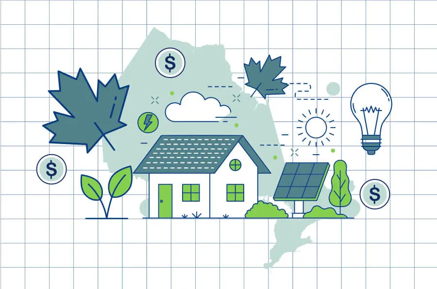 Illustrated scene featuring a house with solar panels, trees, leaves, a light bulb, and dollar signs, suggesting eco-friendly and cost-saving energy solutions.