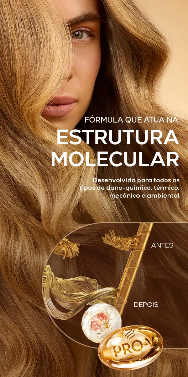 Imagem de uma mulher loira com cabelos volumosos e saudáveis, destacando a ação da fórmula na estrutura molecular do cabelo, indicada para todos os tipos de dano.