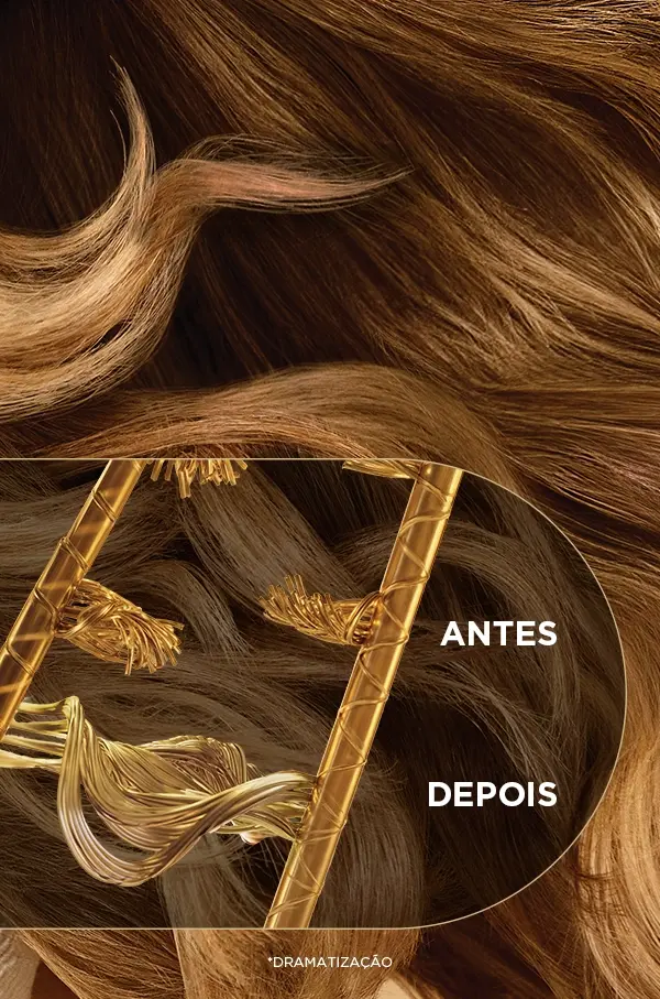 Comparação das fibras capilares antes e depois do uso do Bond Repair Complex, com uma hélice dourada representando a reparação.