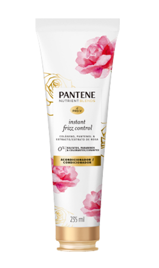 Condicionador Pantene antifrizz com extrato de rosas, colágeno e pantenol, sem sulfatos, sem parabenos e sem corantes.
