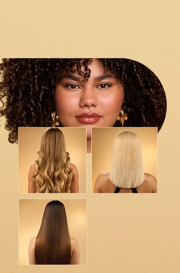 Mulheres com cabelo liso, ondulado, loiro e cacheado, mostrando que o Molecular Bond Repair funciona para todos os tipos de cabelo