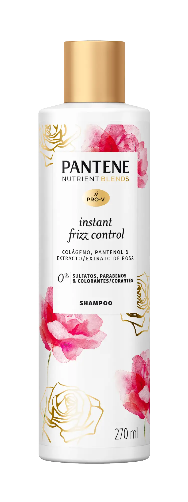 Shampoo Pantene antifrizz com extrato de rosas, colágeno e pantenol, sem sulfatos, sem parabenos e sem corantes.
