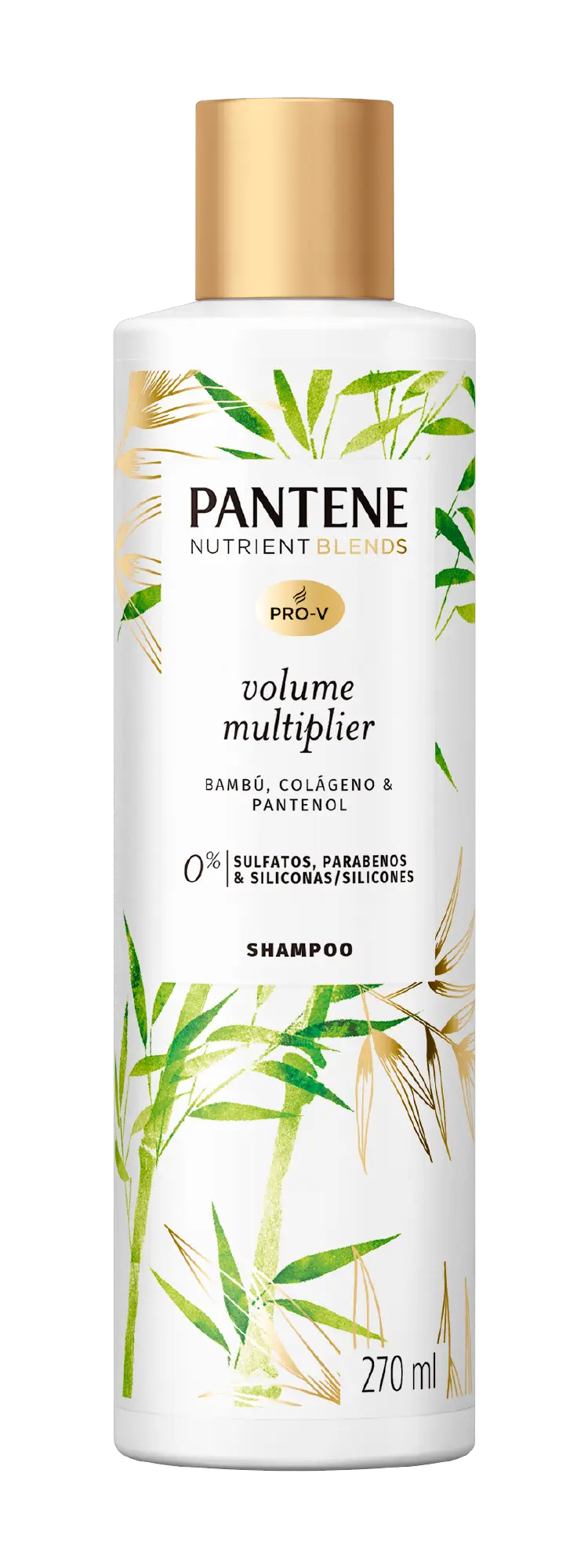 Shampoo Pantene com bambu, colágeno e pantenol, sem sulfatos, sem parabenos e sem silicones.