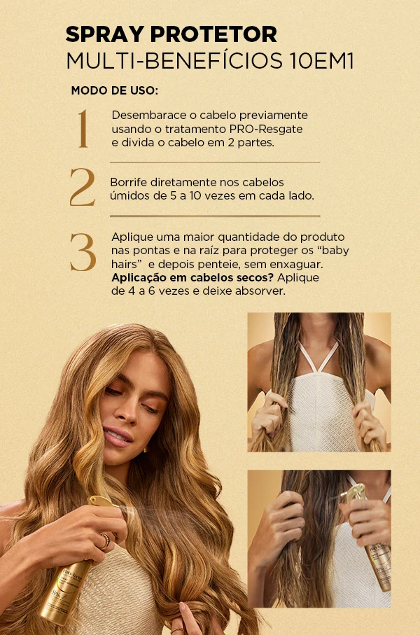 Spray Protetor Pantene com modo de uso em três passos e imagens de aplicação nos cabelos úmidos e secos.